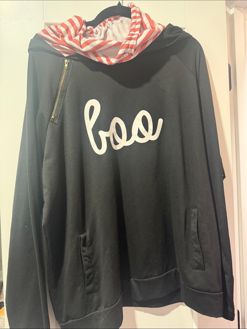 Black "Boo" Hooded Sweater with Red Stripe Lined Hood